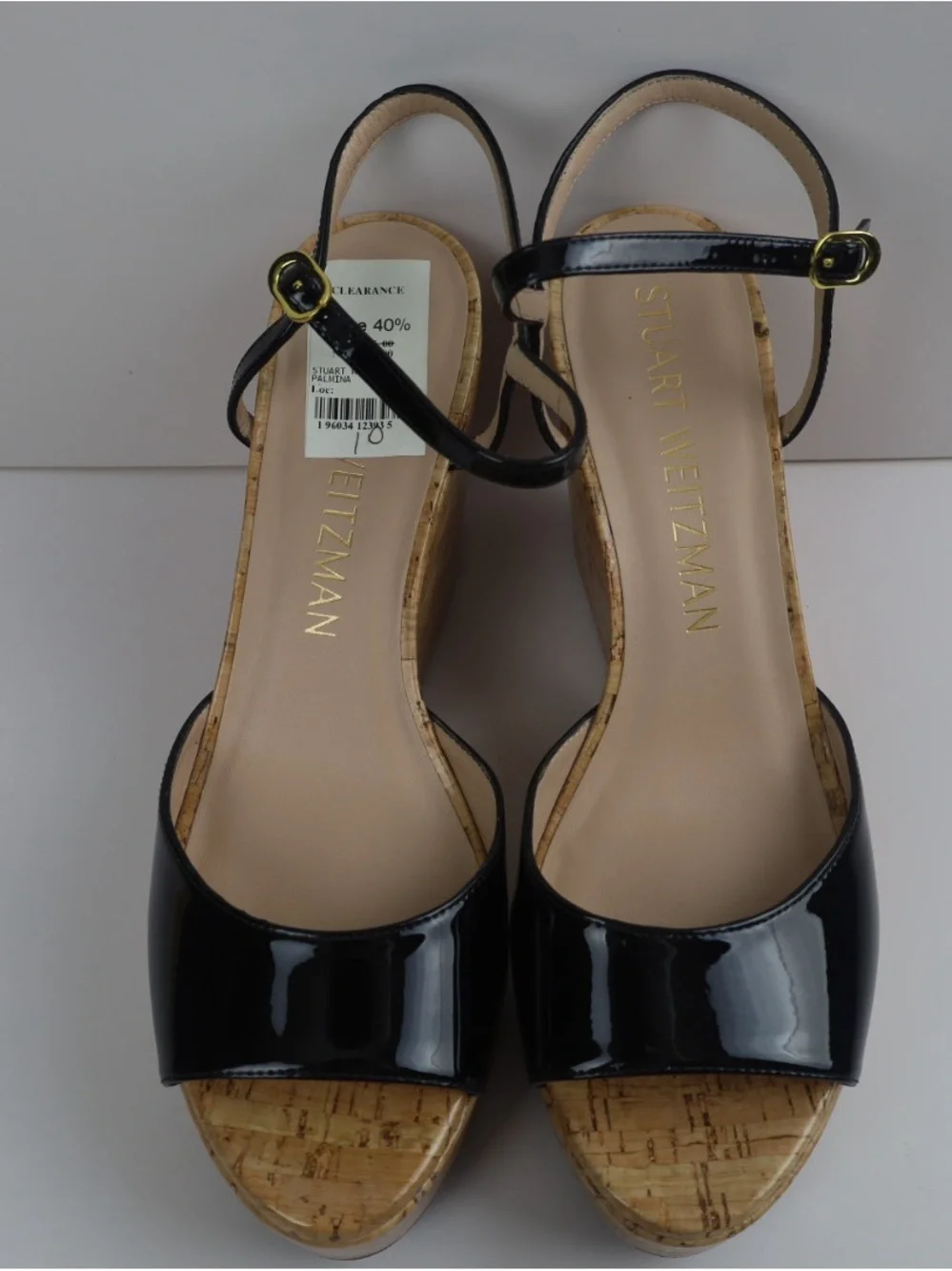 Stuart Weitzman Palmina Black Patent Leather Cork Wedge Sandal- 10- 0513